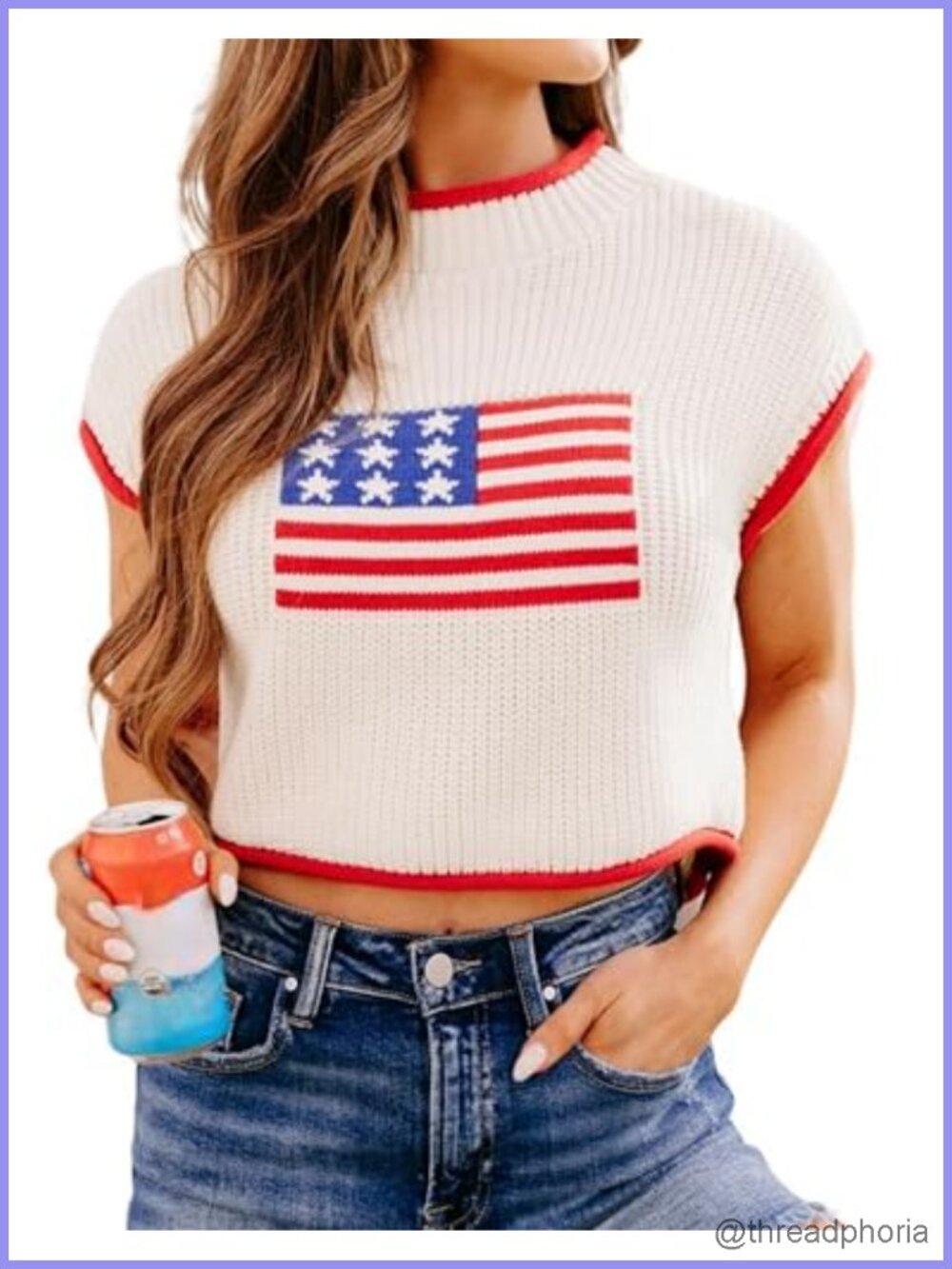 Women's American Flag Cap Sleeve Sweater Vest Patriotic Knit Top 4th of July